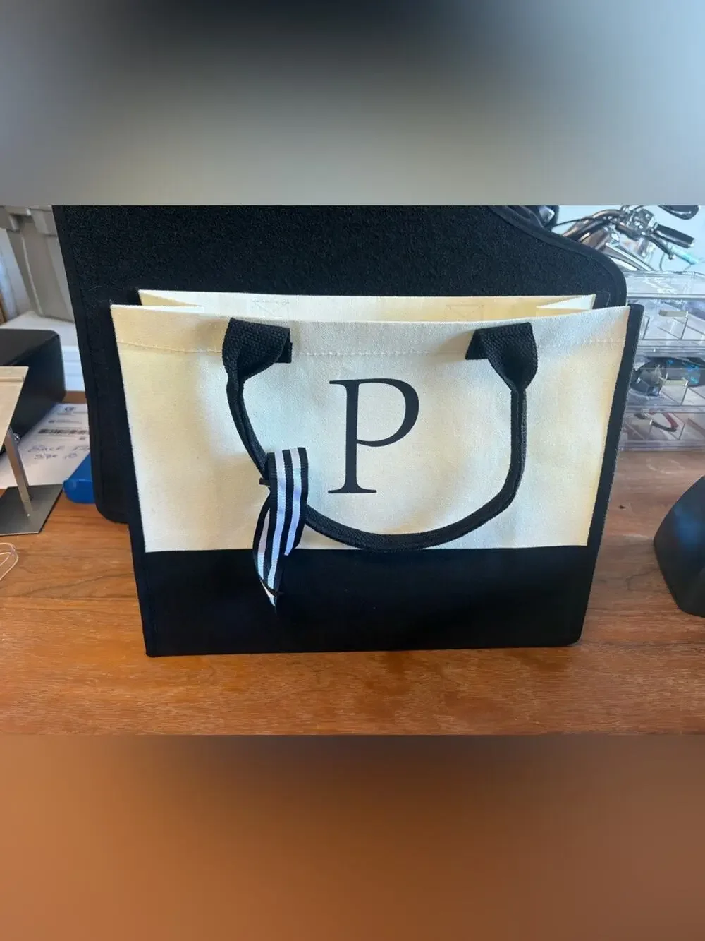 Canvas Monogram Tote Bag with Black & White Colorblock NWOT